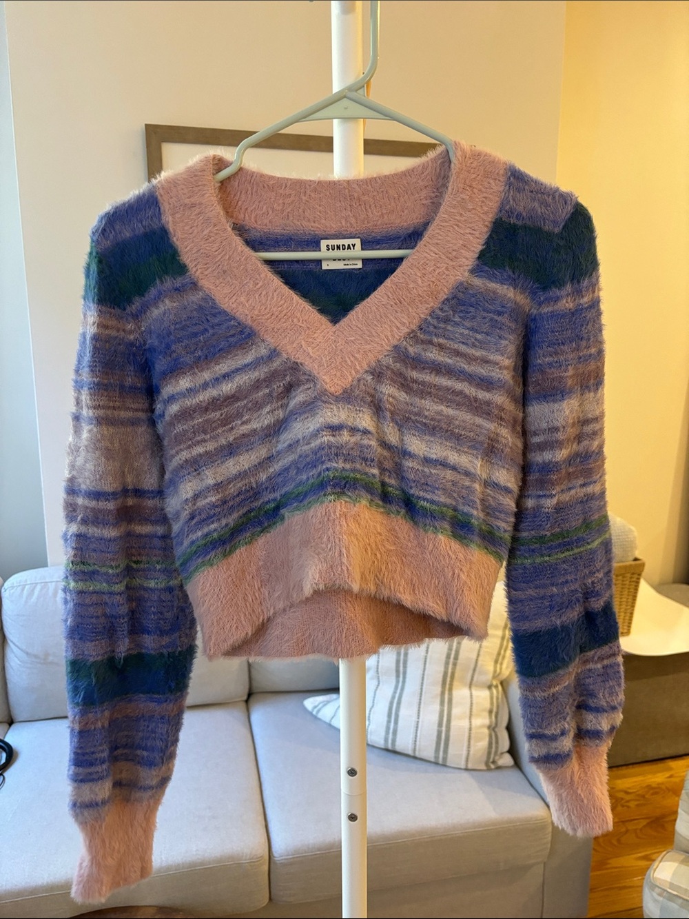 Aritzia Sunday Striped Fuzzy V-Neck Sweater in Pink, Purple, Blue and Green